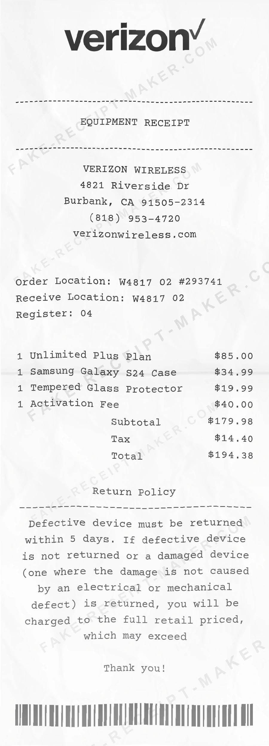Verizon receipt template