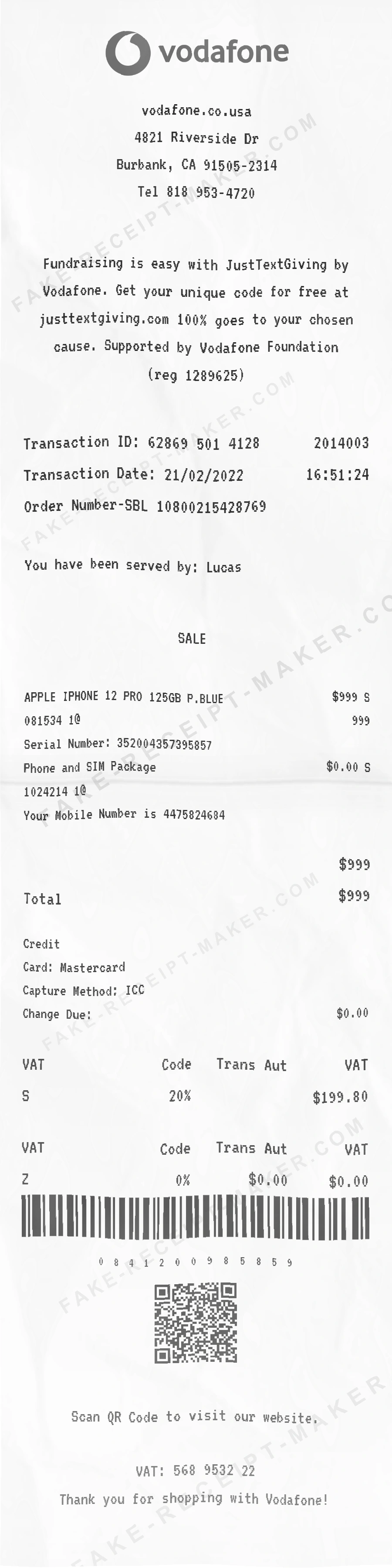 Vodafone receipt template