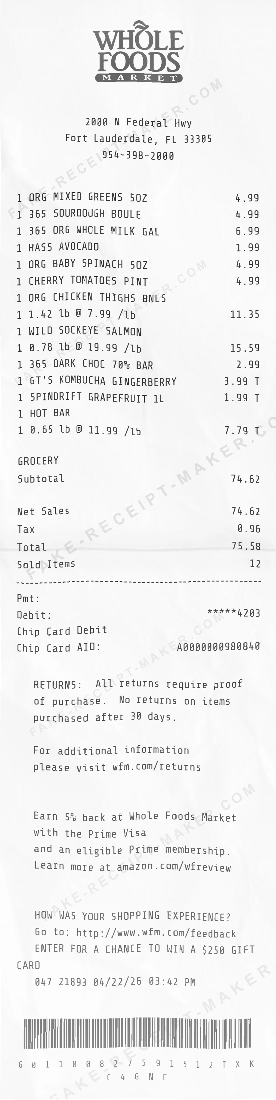 Make Whole Foods Market Grocery Store Receipt Online