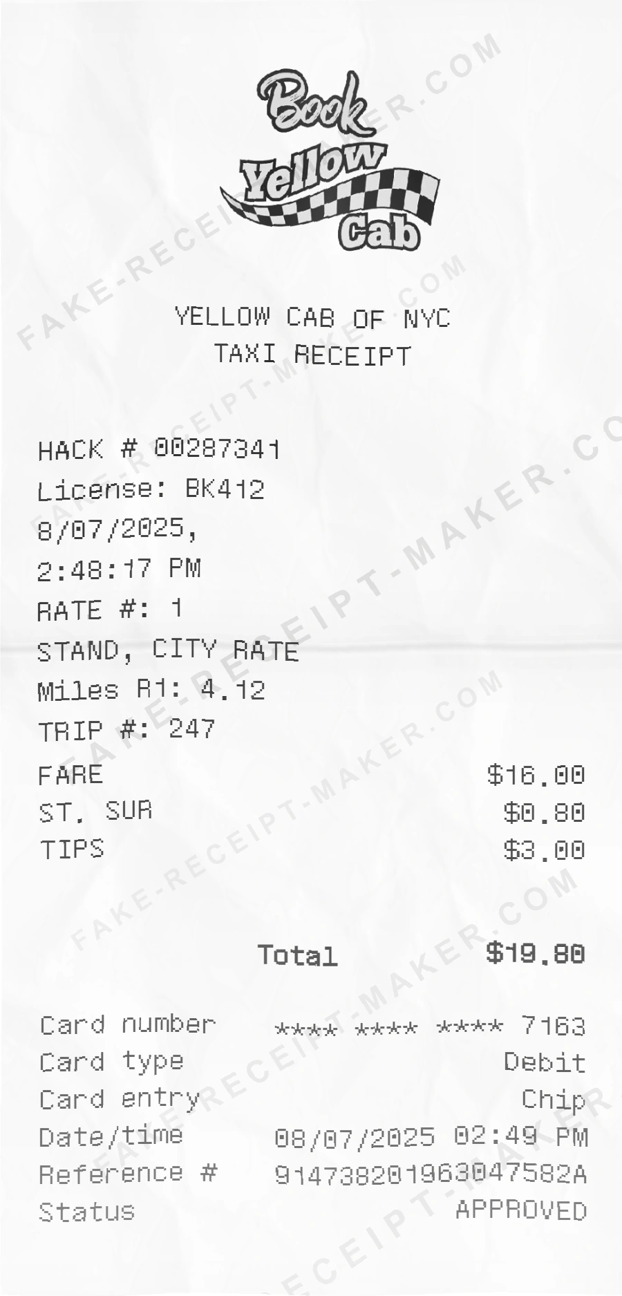 Make Yellow Cab Receipt Online